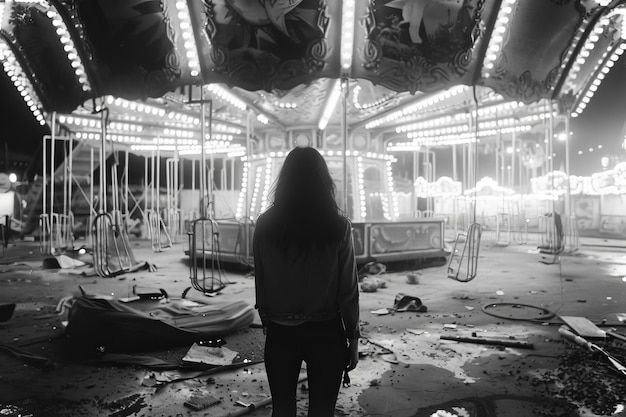 Black and white image of sad woman