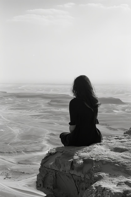 Free photo black and white image of sad woman