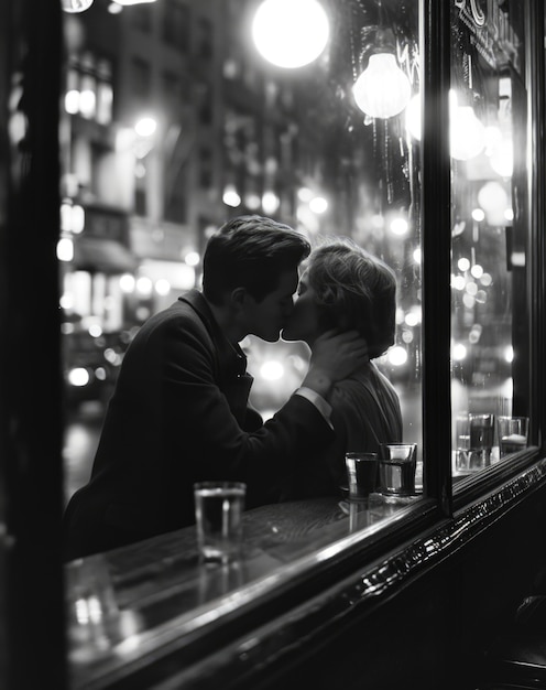 Black and white kissing portrait of couple