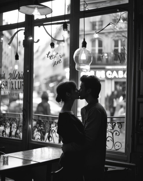 Черно-белый портрет целующейся пары