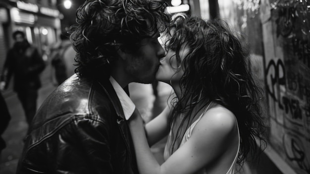 Black and white kissing portrait of couple