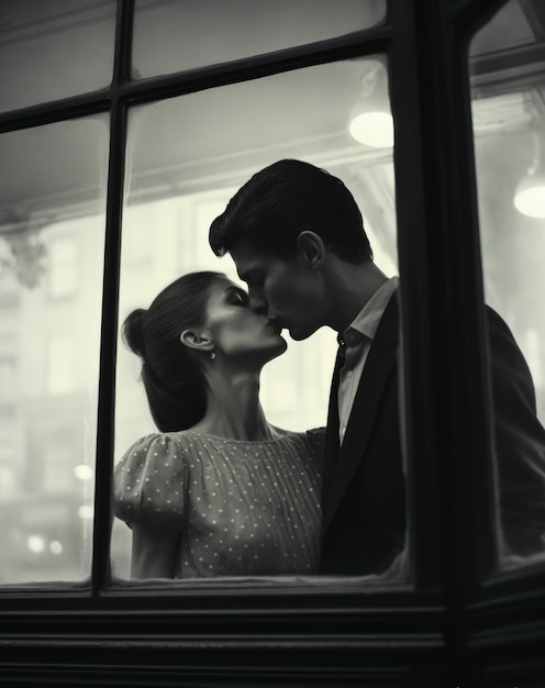 Black and white kissing portrait of couple