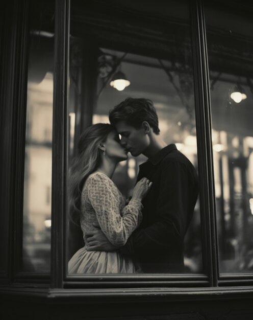 Black and white kissing portrait of couple