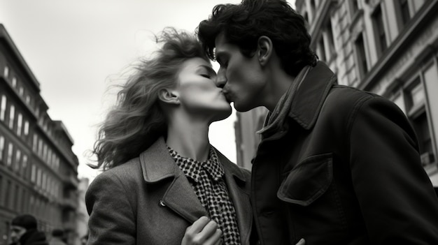 Black and white kissing portrait of couple