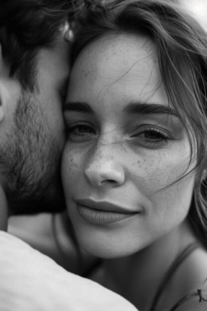 Black and white kissing portrait of couple