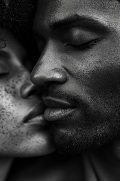 Black and white kissing portrait of couple