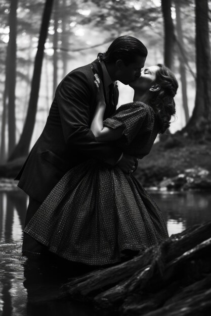 Black and white kissing portrait of couple