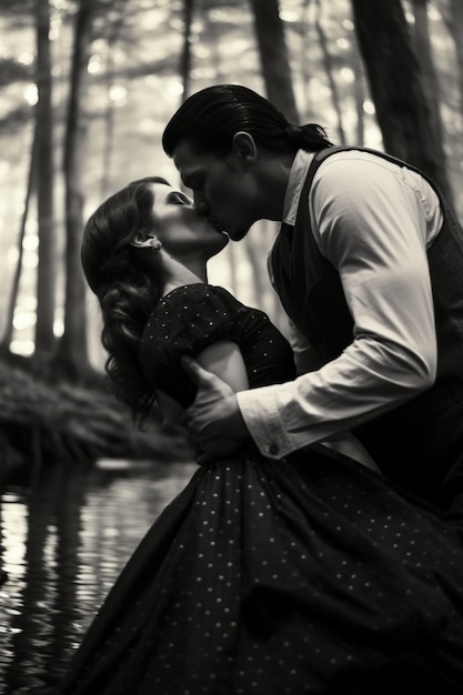 Black and white kissing portrait of couple