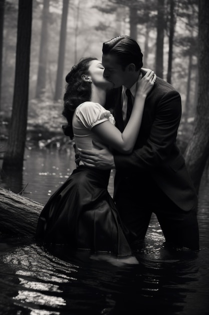 Black and white kissing portrait of couple