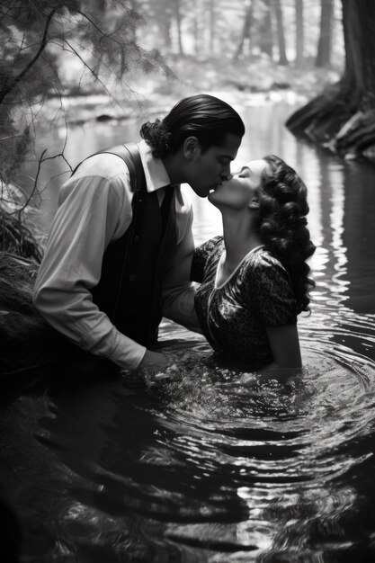 Black and white kissing portrait of couple