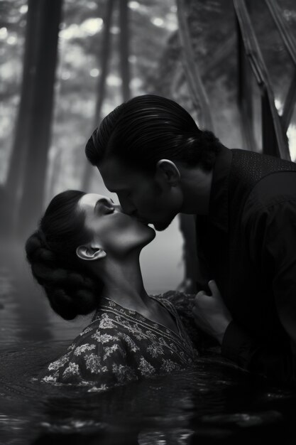 Black and white kissing portrait of couple