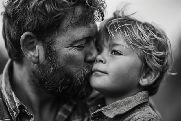 Foto gratuita ritratto baciante in bianco e nero del genitore e del bambino