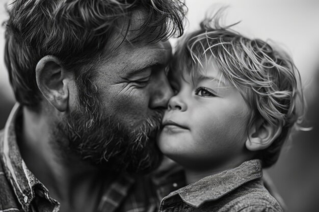 Black and white kissing portrait of parent and child