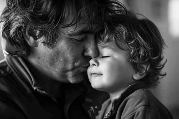 Black and white kissing portrait of parent and child