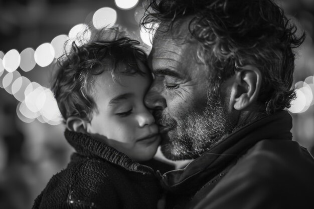 Black and white kissing portrait of parent and child