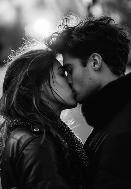 Black and white kissing portrait