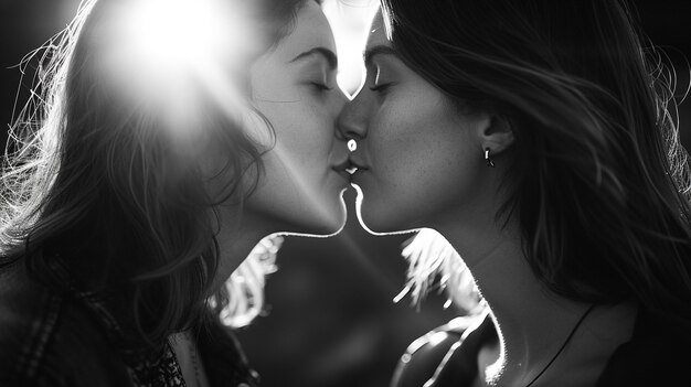 Black and white kissing portrait