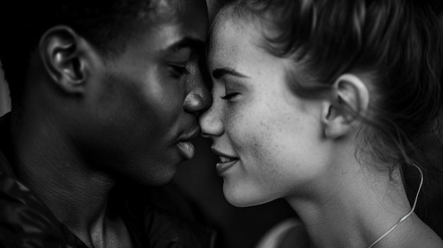 Black and white kissing portrait