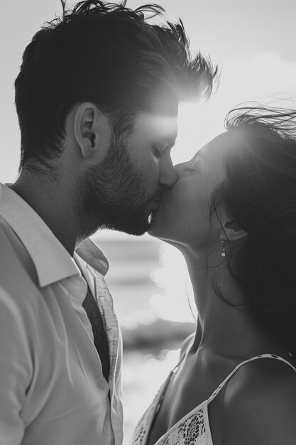 Black and white kissing portrait