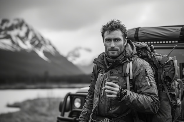 Black and white people with off-road car driving for adventure