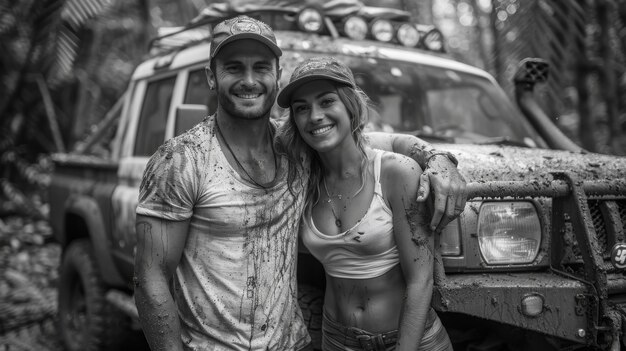 Black and white people with off-road car driving for adventure