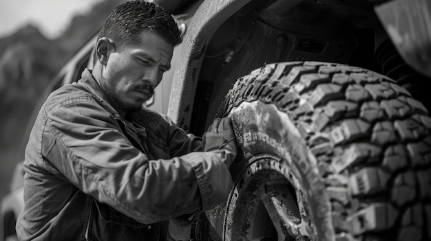 Foto gratuita black and white people with off-road car driving for adventure