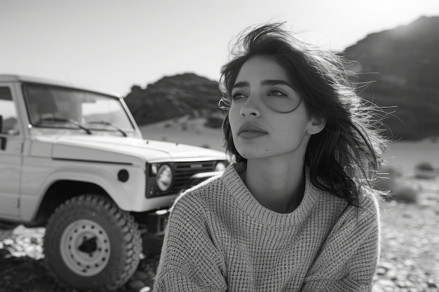 Black and white people with off-road car driving for adventure