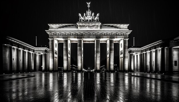夜のブランデンブルク門の白黒写真