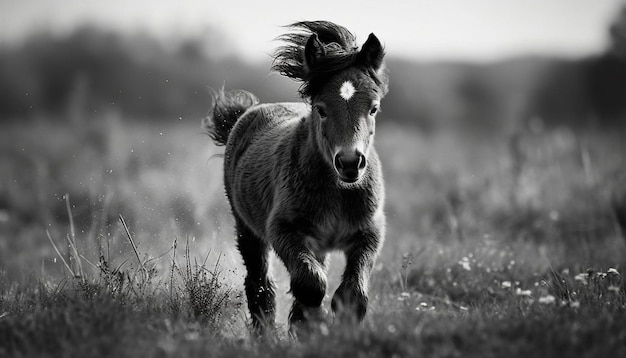 Free photo a black and white photo of a pony running in a field.