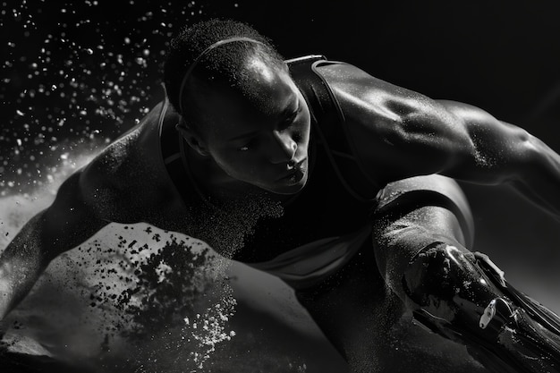 パラリンピック選手権大会に出場するアスリートの黒と白の肖像画