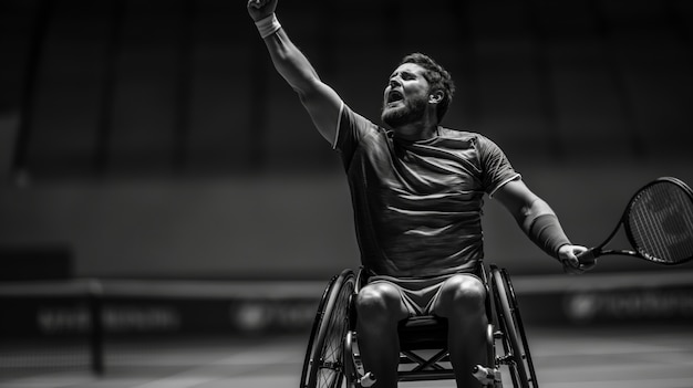 Free photo black and white portrait of athlete competing in the paralympics championship games