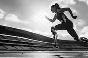 Foto gratuita ritratto in bianco e nero di un atleta che gareggia ai campionati paralimpici