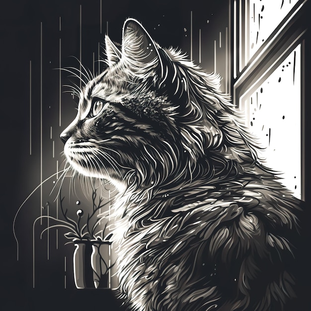 Чёрно-белый портрет кота у окна генеративный Ал