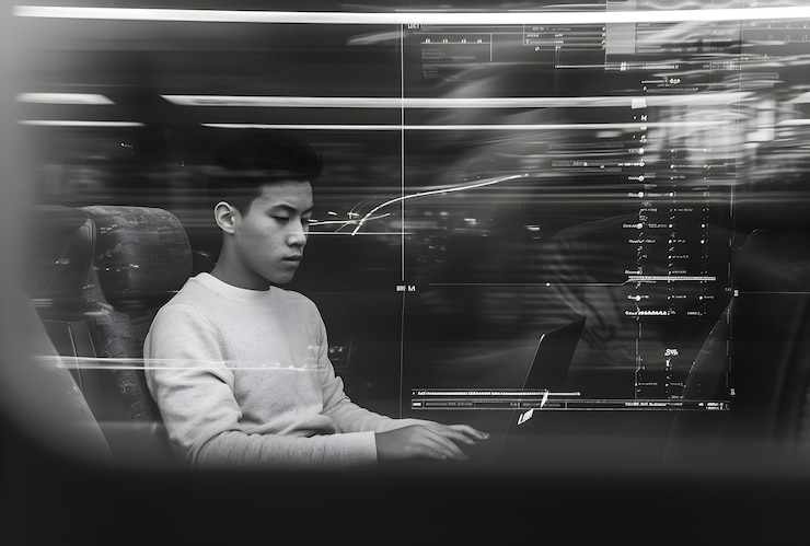 Free Photo black and white portrait of digital nomads