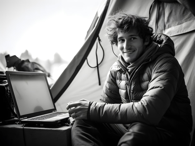 Free photo black and white portrait of digital nomads