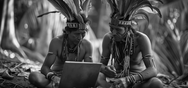 Free photo black and white portrait of digital nomads