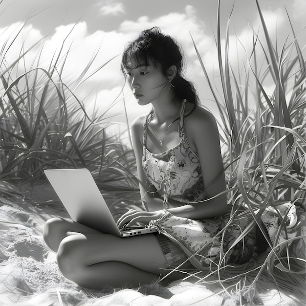 Free photo black and white portrait of digital nomads