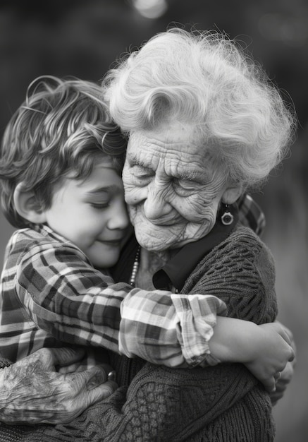 Free photo black and white portrait of grandmother with grandchild showing love and tender moments for grandparents day