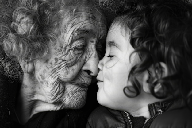 Foto gratuita ritratto in bianco e nero di una nonna con un nipote che mostra amore e momenti di tenerezza per il giorno dei nonni