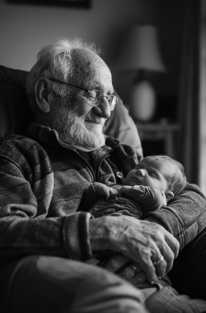 Free photo black and white portrait of grandpa with grandchild