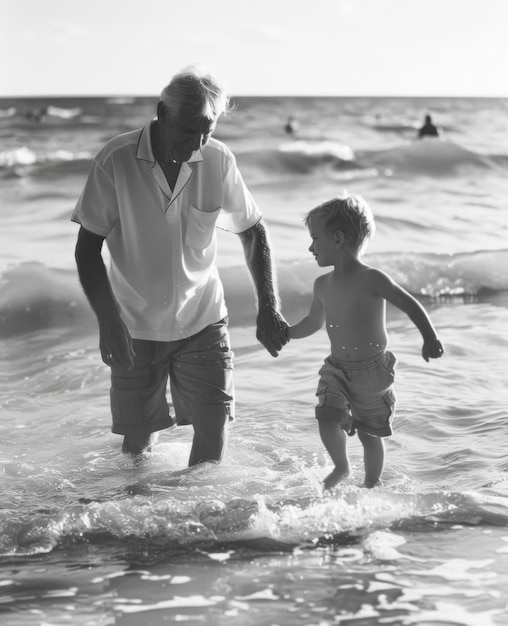 Foto gratuita ritratto in bianco e nero del nonno con il nipote