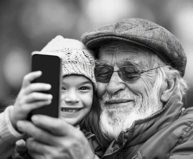 Free photo black and white portrait of grandpa with grandchild