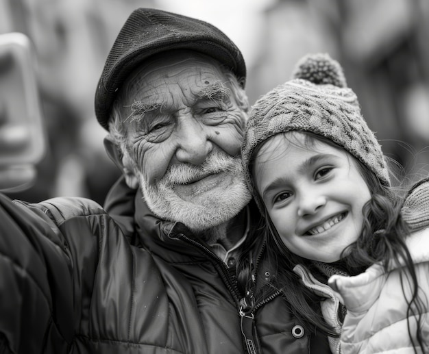 Free photo black and white portrait of grandpa with grandchild