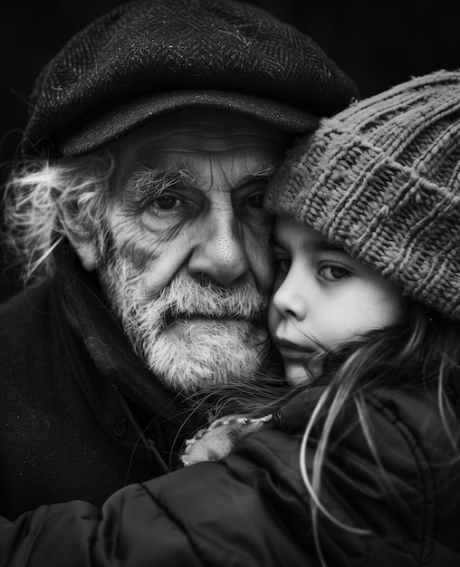 Free photo black and white portrait of grandpa with grandchild