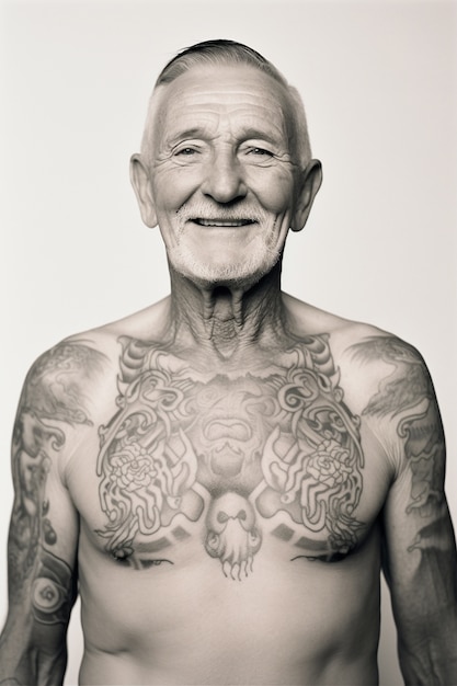 Black and white portrait of man with body tattoos