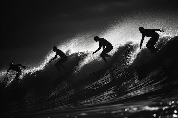 Free photo black and white portrait of people surfboarding amongst the waves