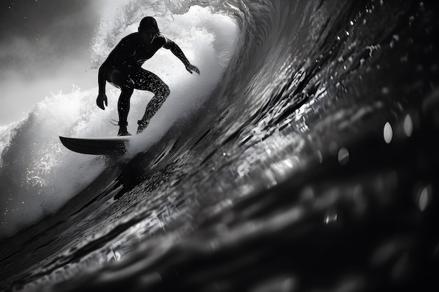 波の間でサーフボードをしている人の黒と白の肖像画