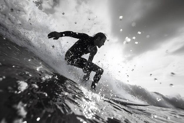 Черно-белый портрет человека, занимающегося серфингом среди волн