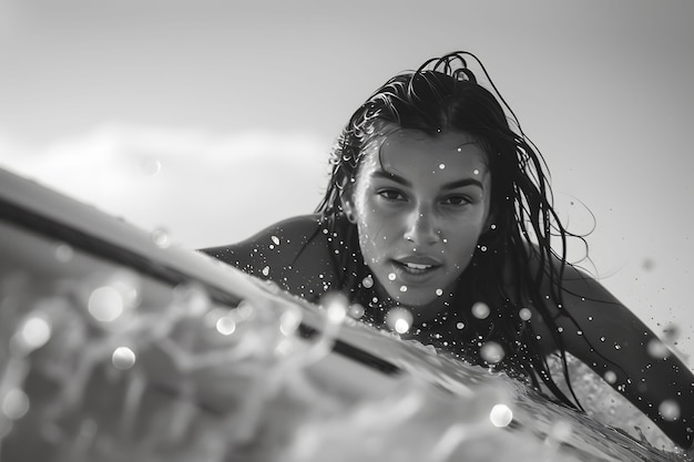 Free photo black and white portrait of person surfboarding amongst the waves