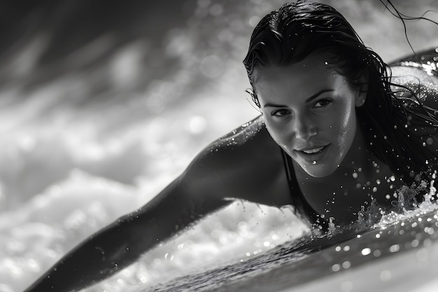 Free photo black and white portrait of person surfboarding amongst the waves